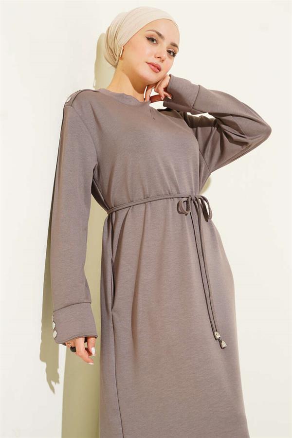 Lace-up Dress with Metal Button Embellishments, Mink Color