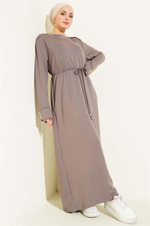 Lace-up Dress with Metal Button Embellishments, Mink Color