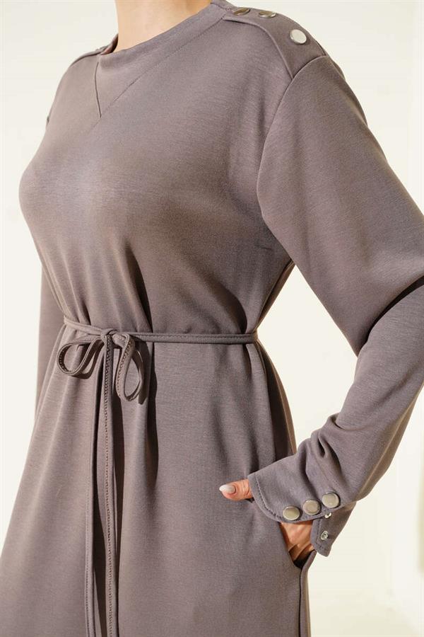 Lace-up Dress with Metal Button Embellishments, Mink Color