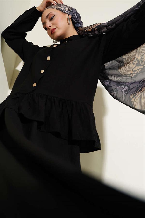 Metal Buttoned Ruffle Skirt 2 Piece Set Black