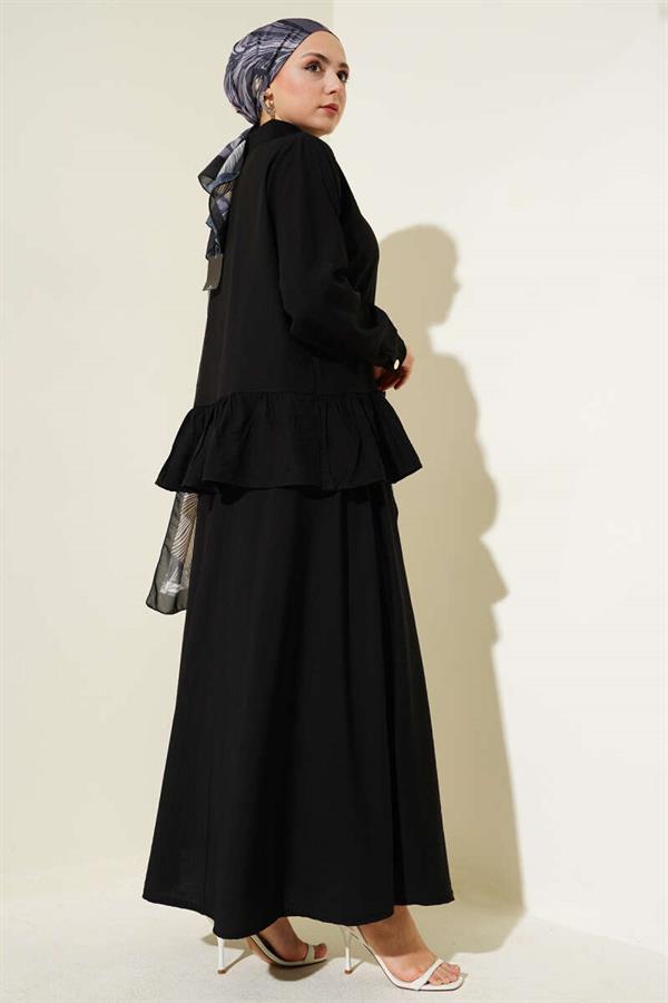 Metal Buttoned Ruffle Skirt 2 Piece Set Black