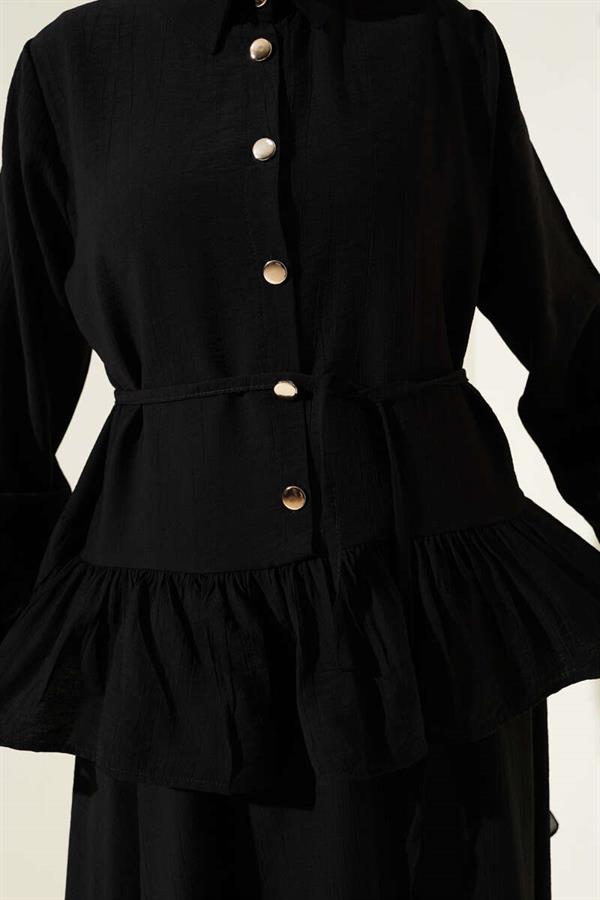 Metal Buttoned Ruffle Skirt 2 Piece Set Black