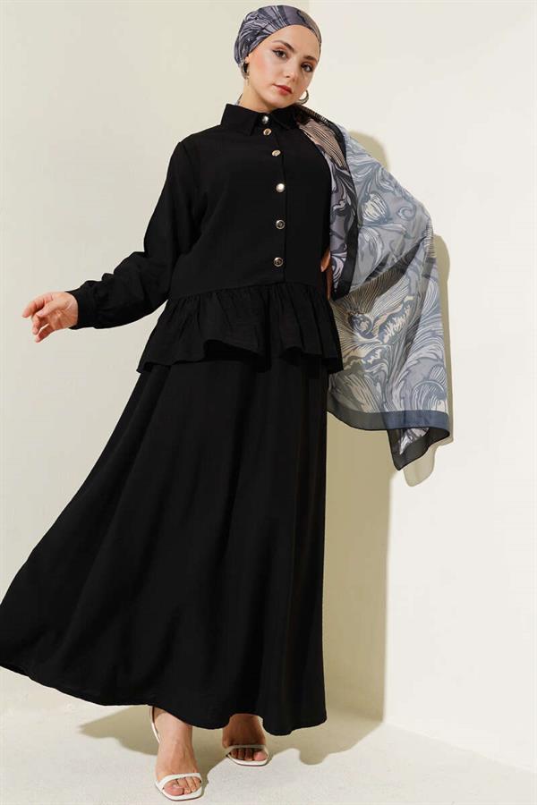 Metal Buttoned Ruffle Skirt 2 Piece Set Black