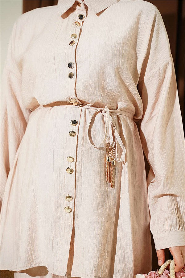 Beige 2 Piece Set with Metal Buttons and Drawstring