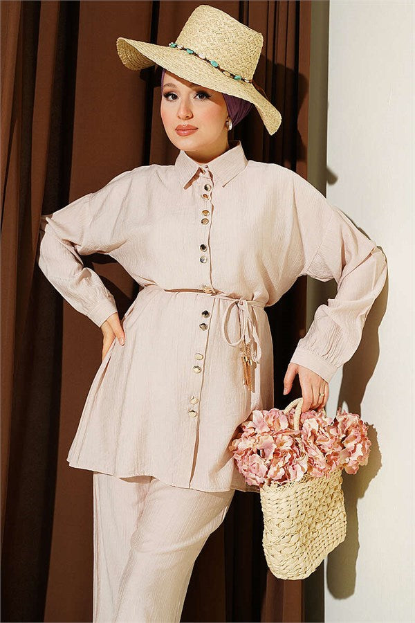Beige 2 Piece Set with Metal Buttons and Drawstring