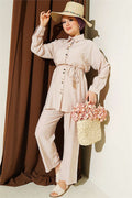 Beige 2 Piece Set with Metal Buttons and Drawstring