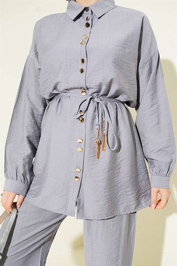 Gray 2 Piece Set with Metal Buttons and Drawstring