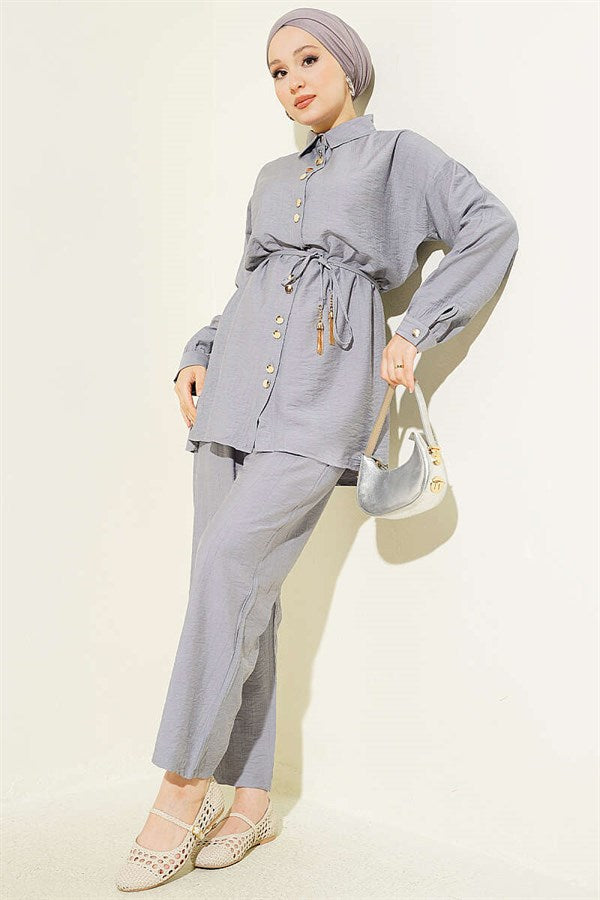 Gray 2 Piece Set with Metal Buttons and Drawstring