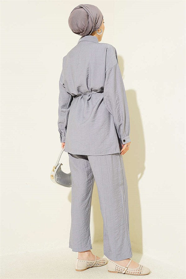 Gray 2 Piece Set with Metal Buttons and Drawstring