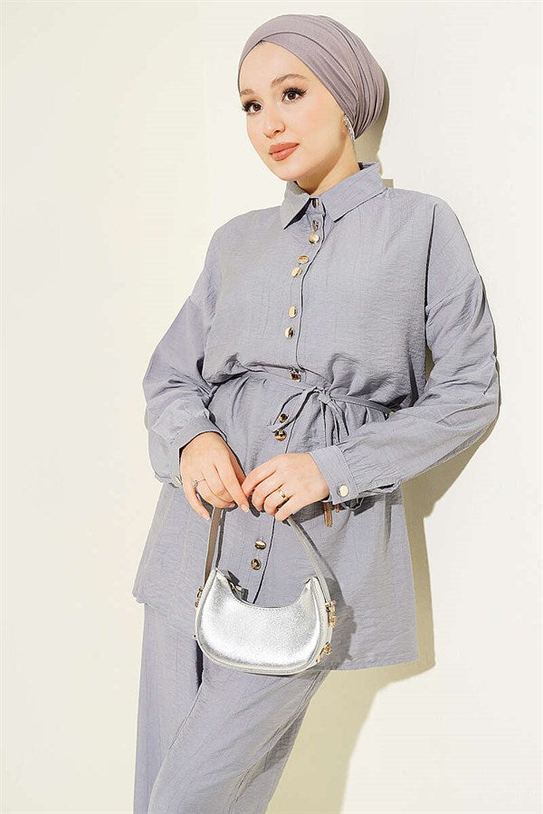 Gray 2 Piece Set with Metal Buttons and Drawstring