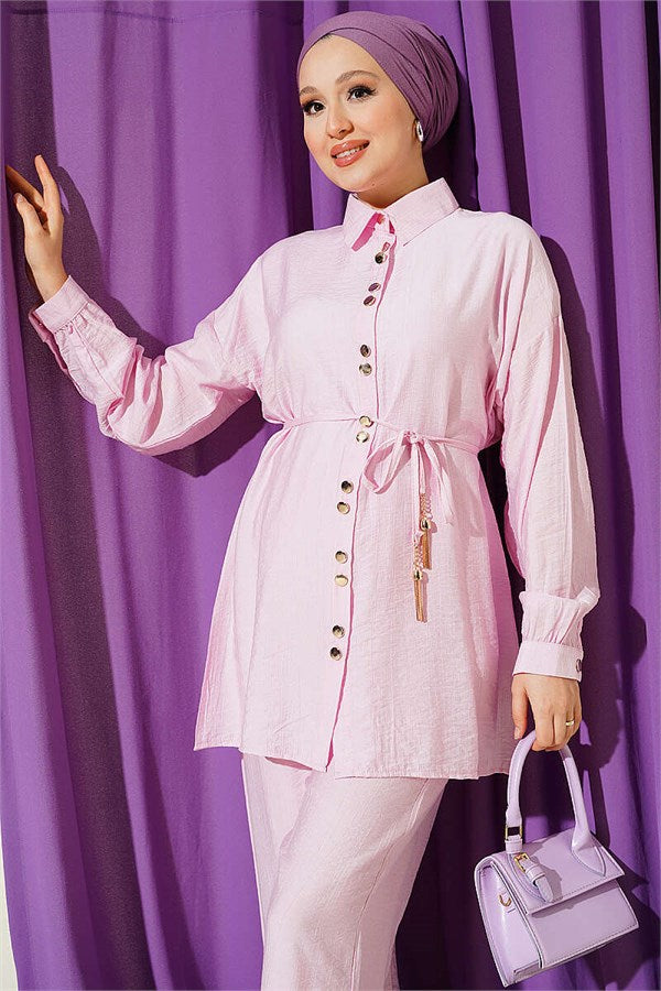 2 Piece Set with Metal Buttons and Drawstring, Pink