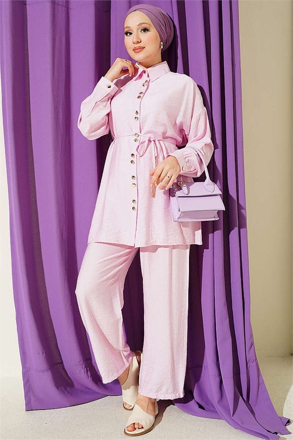 2 Piece Set with Metal Buttons and Drawstring, Pink