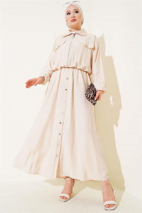 Metal Buttoned Vest Set Beige
