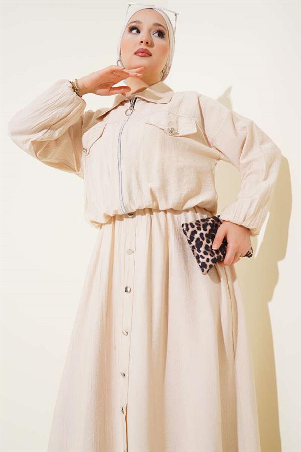 Metal Buttoned Vest Set Beige