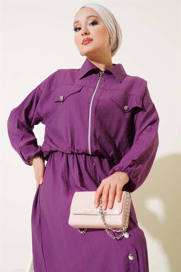 Metal Buttoned Vest Suit Purple