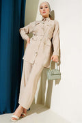 Metal Buttoned Belted 2 Piece Set Beige