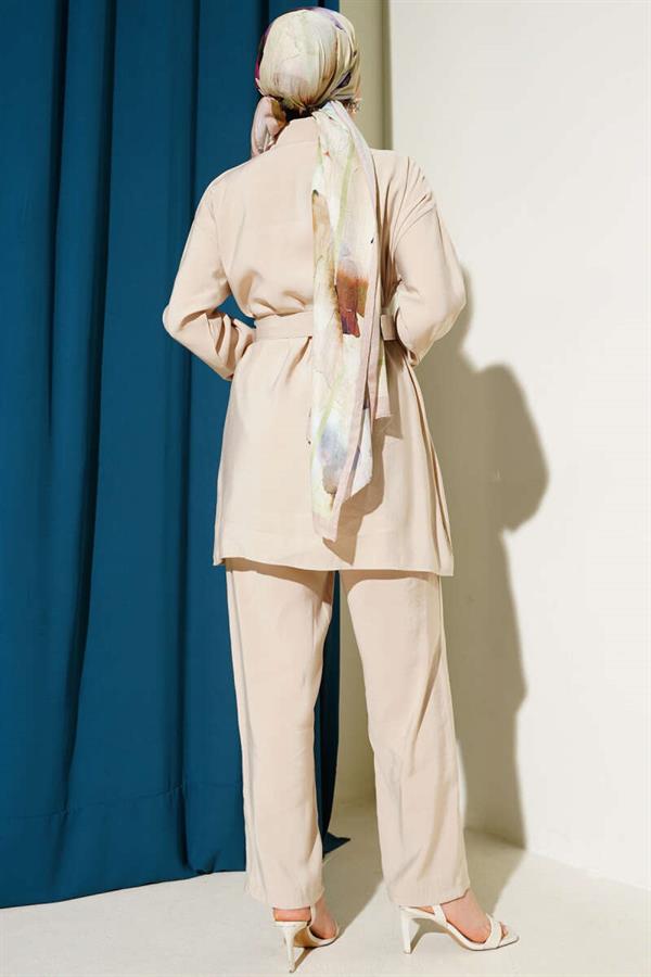 Metal Buttoned Belted 2 Piece Set Beige
