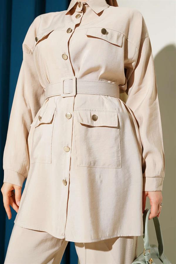 Metal Buttoned Belted 2 Piece Set Beige
