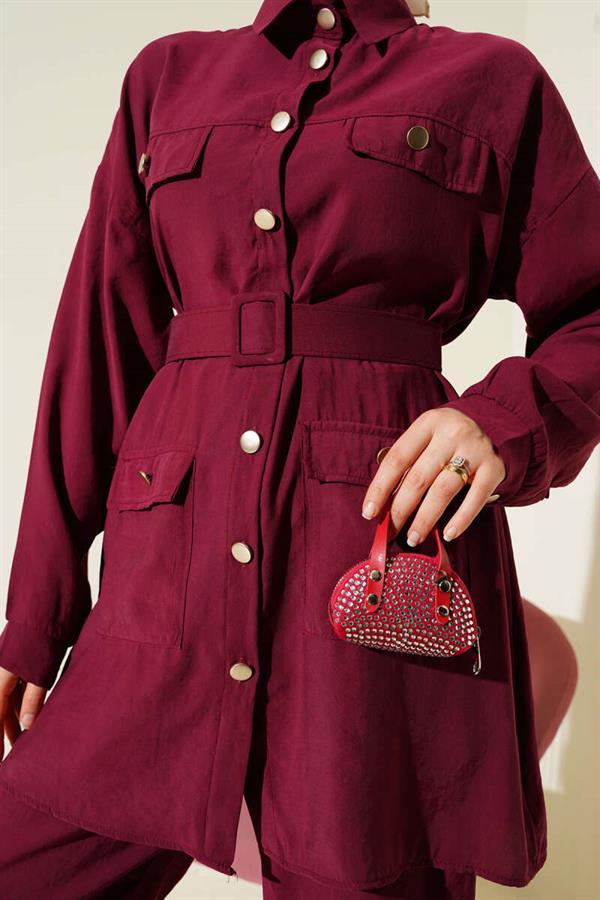 Metal Buttoned Belted 2 Piece Set Burgundy