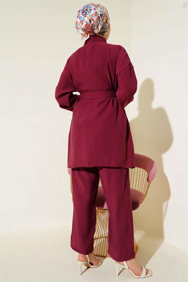 Metal Buttoned Belted 2 Piece Set Burgundy