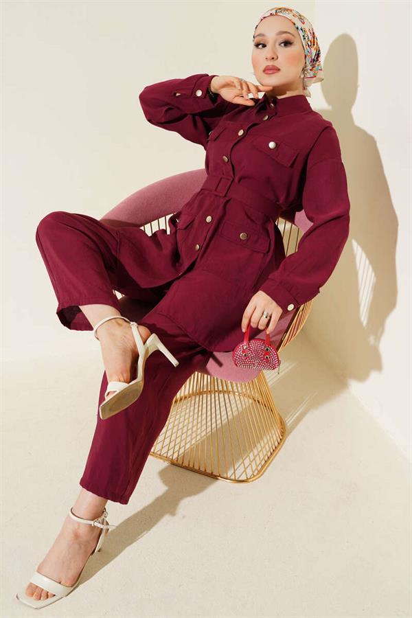 Metal Buttoned Belted 2 Piece Set Burgundy