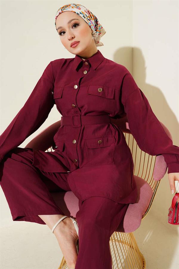 Metal Buttoned Belted 2 Piece Set Burgundy