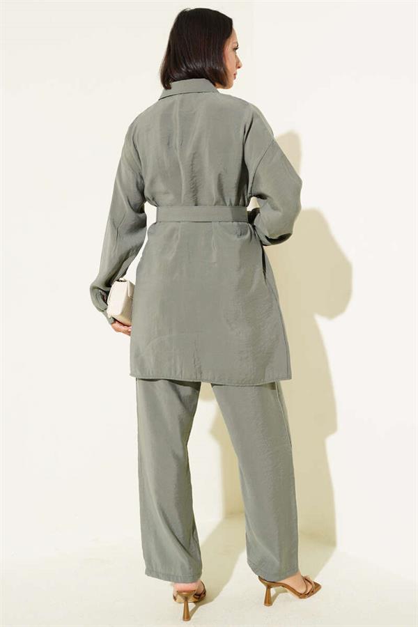 Metal Buttoned Belted 2 Piece Set Almond Green