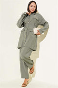 Metal Buttoned Belted 2 Piece Set Almond Green