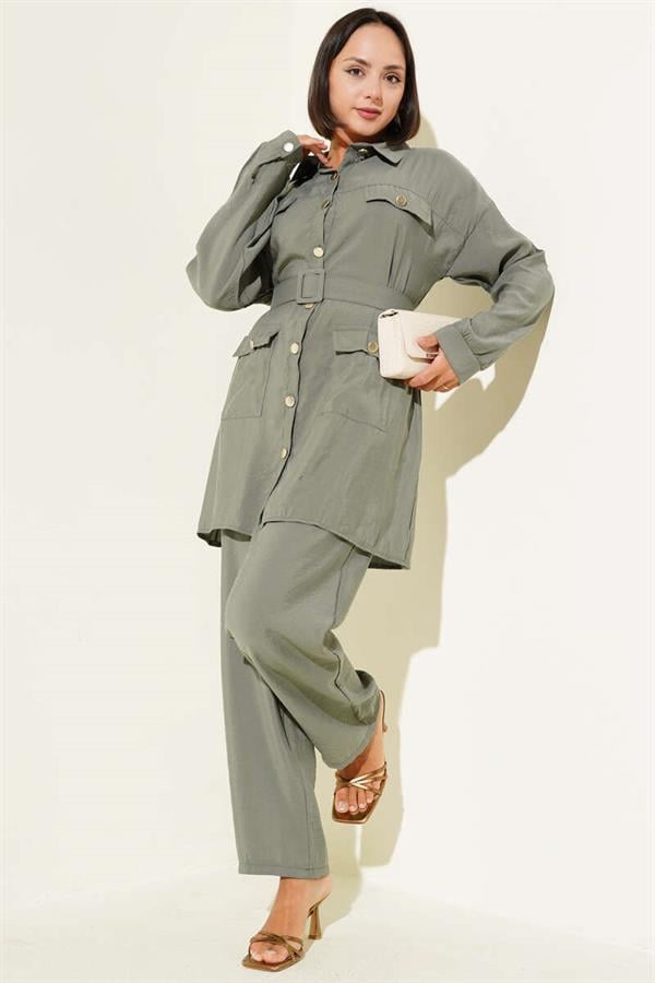 Metal Buttoned Belted 2 Piece Set Almond Green