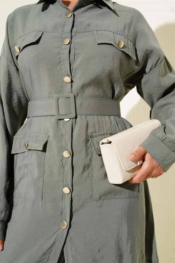 Metal Buttoned Belted 2 Piece Set Almond Green