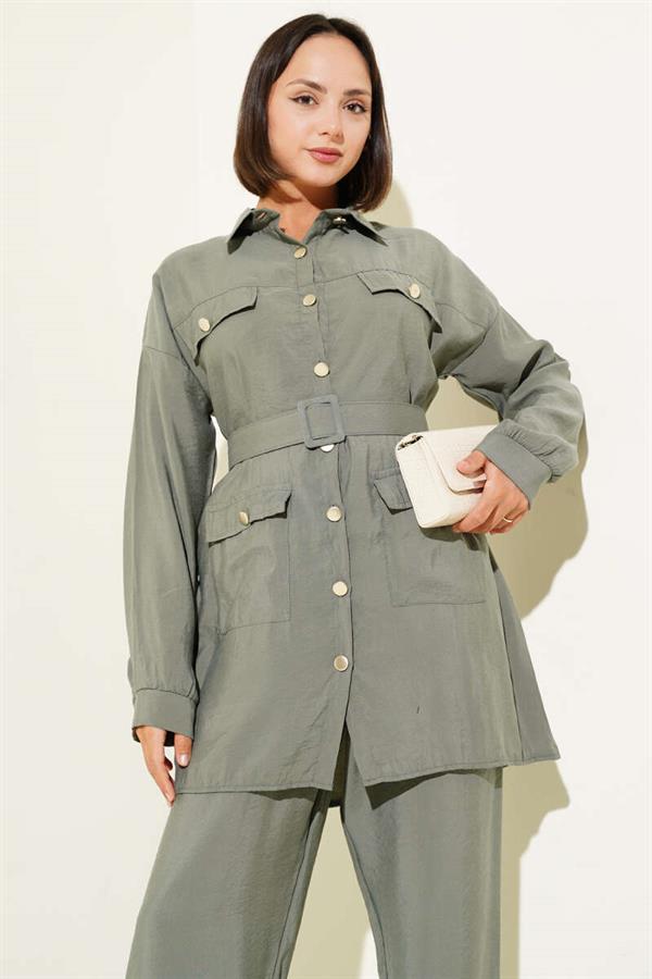 Metal Buttoned Belted 2 Piece Set Almond Green