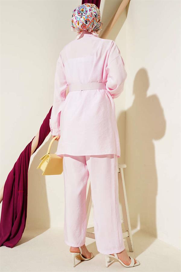Metal Buttoned Belted 2 Piece Set Pink