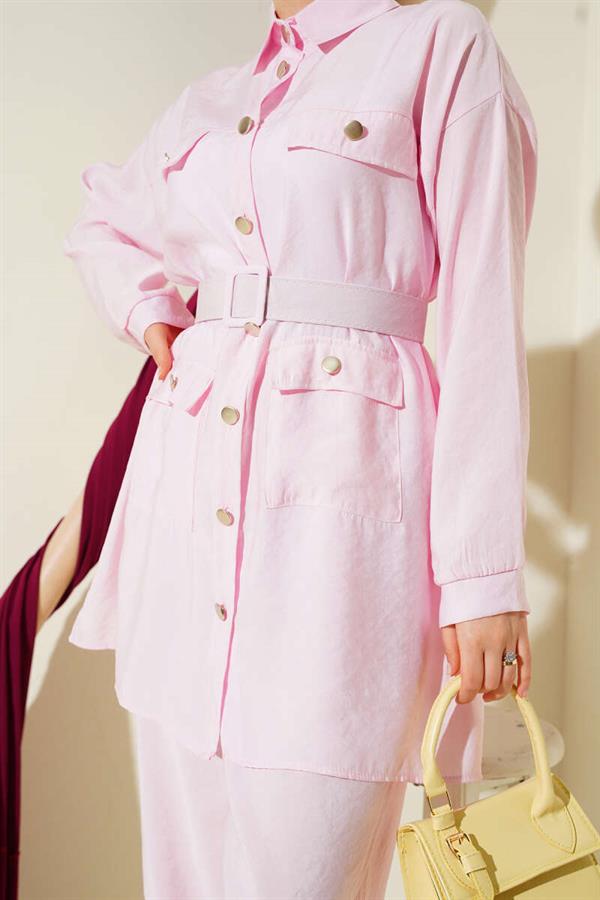 Metal Buttoned Belted 2 Piece Set Pink