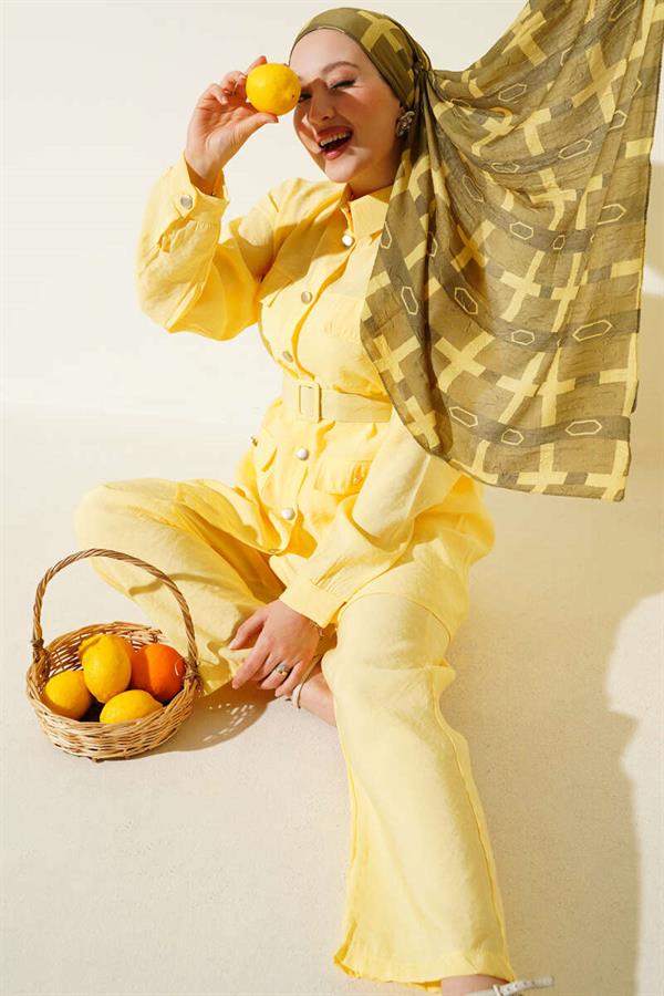 Metal Buttoned Belted 2 Piece Set Yellow