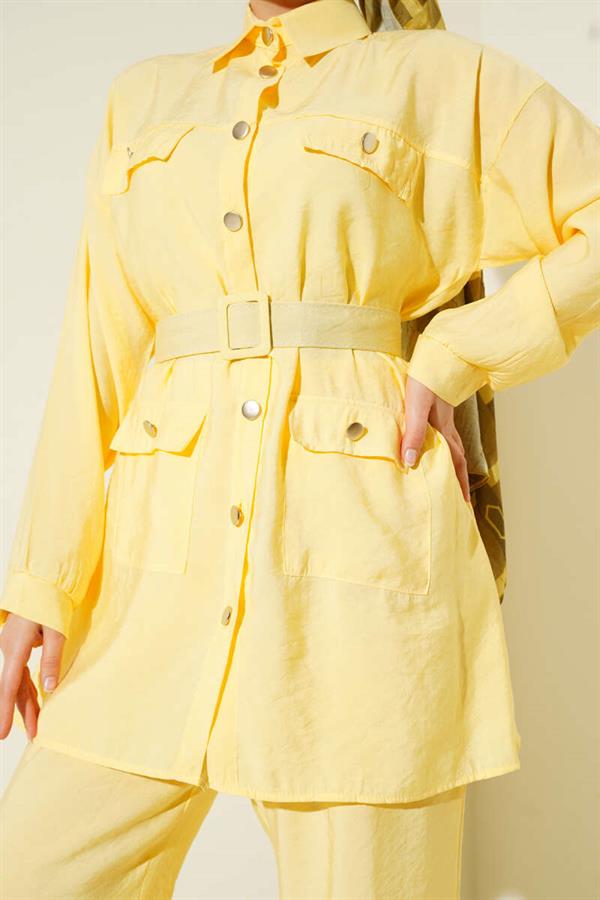 Metal Buttoned Belted 2 Piece Set Yellow