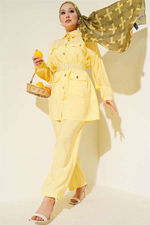 Metal Buttoned Belted 2 Piece Set Yellow