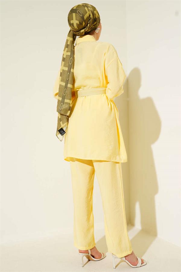 Metal Buttoned Belted 2 Piece Set Yellow