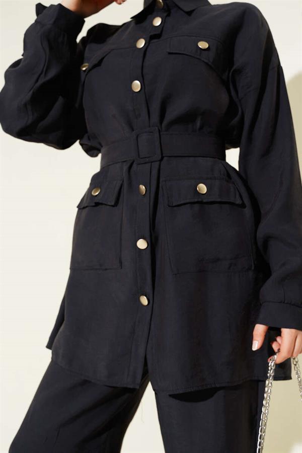 Metal Buttoned Belted 2 Piece Set Black