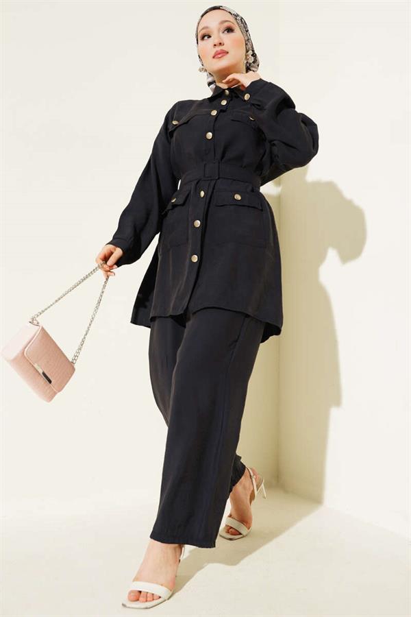 Metal Buttoned Belted 2 Piece Set Black
