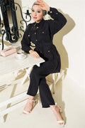 Metal Buttoned Belted 2 Piece Set Black