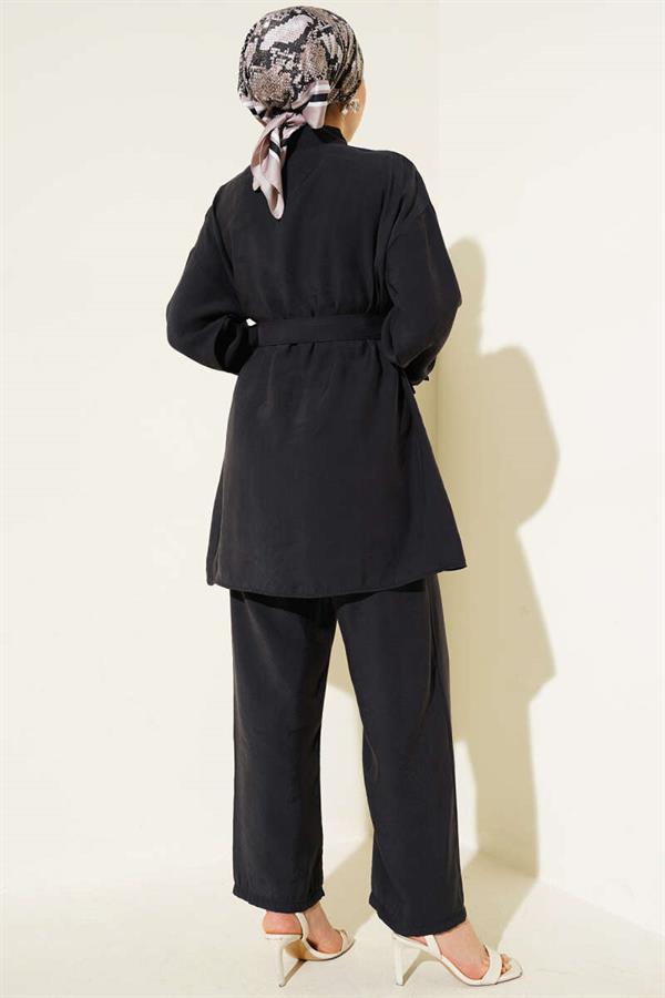 Metal Buttoned Belted 2 Piece Set Black