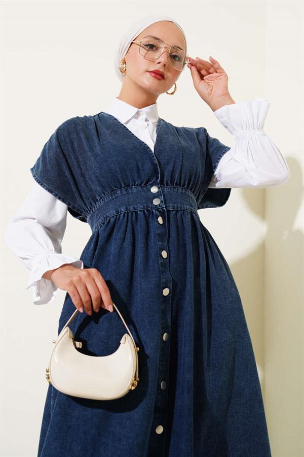 Metal Buttoned Sleeveless Denim Dress Dark Blue