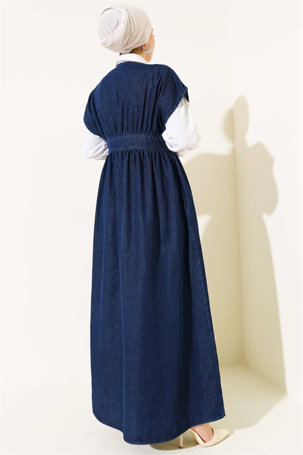 Navy Sleeveless Denim Dress with Metal Buttons