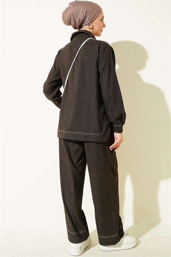 Metal Button Denim 2 Piece Set in Dark Brown