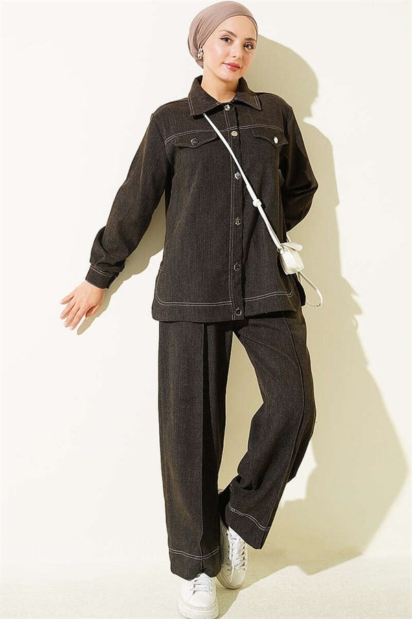Metal Button Denim 2 Piece Set in Dark Brown