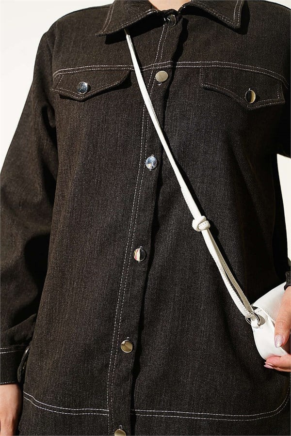 Metal Button Denim 2 Piece Set in Dark Brown