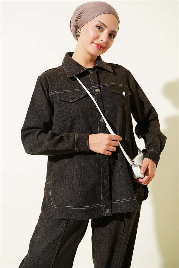 Metal Button Denim 2 Piece Set in Dark Brown