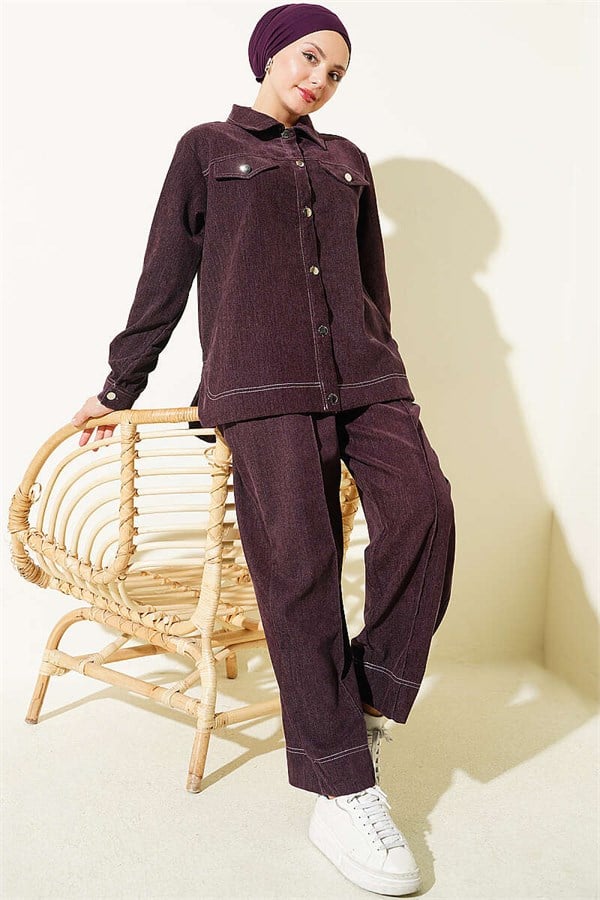 Denim 2 Piece Set with Metal Buttons, Plum