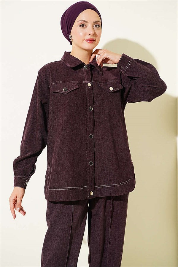 Denim 2 Piece Set with Metal Buttons, Plum
