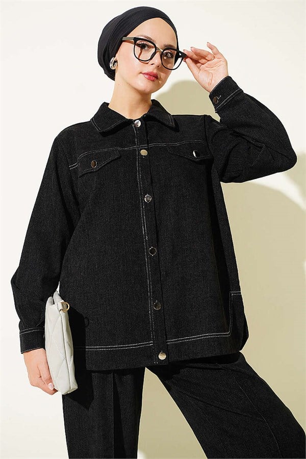Metal Button Denim 2 Piece Set, Black